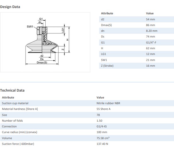 Bellows suction pad (round) with optimal adaptation to unevensurfaces FSGA 43 NBR-55 G1/4-IG Diameter: 43 mm Number of folds: 1.5 Suction-pad material: Perbunan NBR 55±5ShA Nipple material: Aluminium Vacuum connection: G1/4''-F